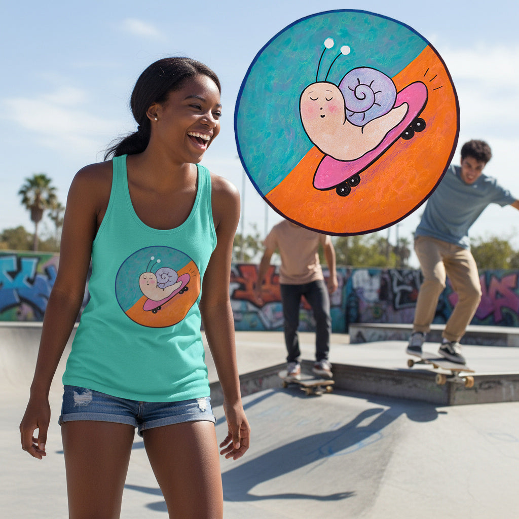 Caracol en patineta - Camiseta de tirantes ajustada con espalda cruzada para mujer