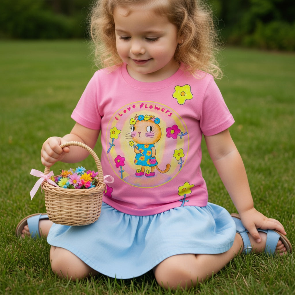 Gatita Floral - Camiseta de algodón con cuello redondo para niñas-2