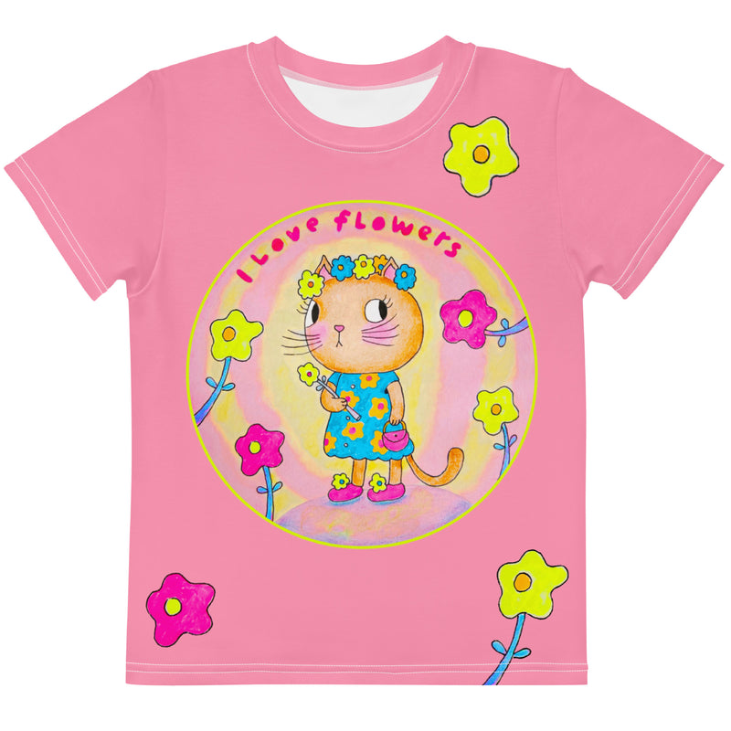 Gatita Floral - Camiseta de algodón con cuello redondo para niñas-zoom-